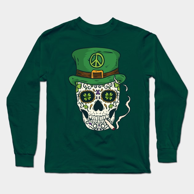 Cool Boho Sugar Skull Saint Patrick's Day Long Sleeve T-Shirt by Dibble Dabble Designs